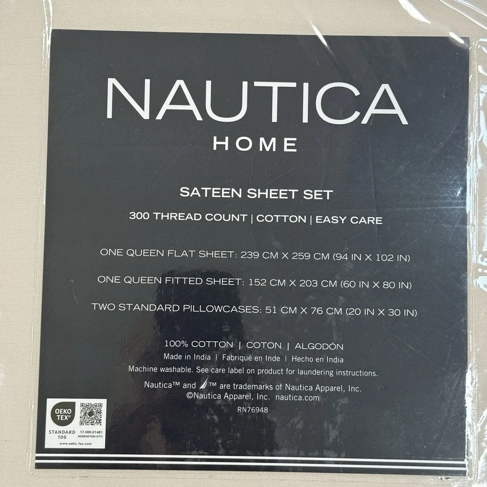 Nautica 4-Piece Queen Sheet Set 100% Cotton 300‎ Thread Count Solid Beige NEW